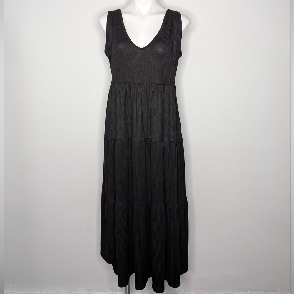 See You Monday Black Sleeveless V Neck Midi Dress L